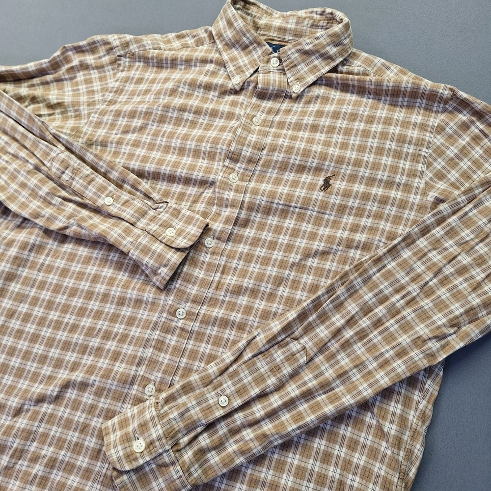 Ralph Lauren Mens Classic Fit Plaid Button Down Tan White Medium hem is short